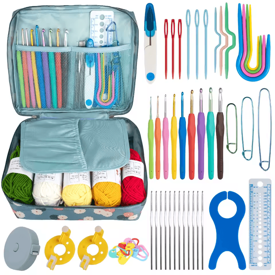 72-Piece Crochet Starter Kit — hooks, yarn, needles, markers, scissors and storage bag