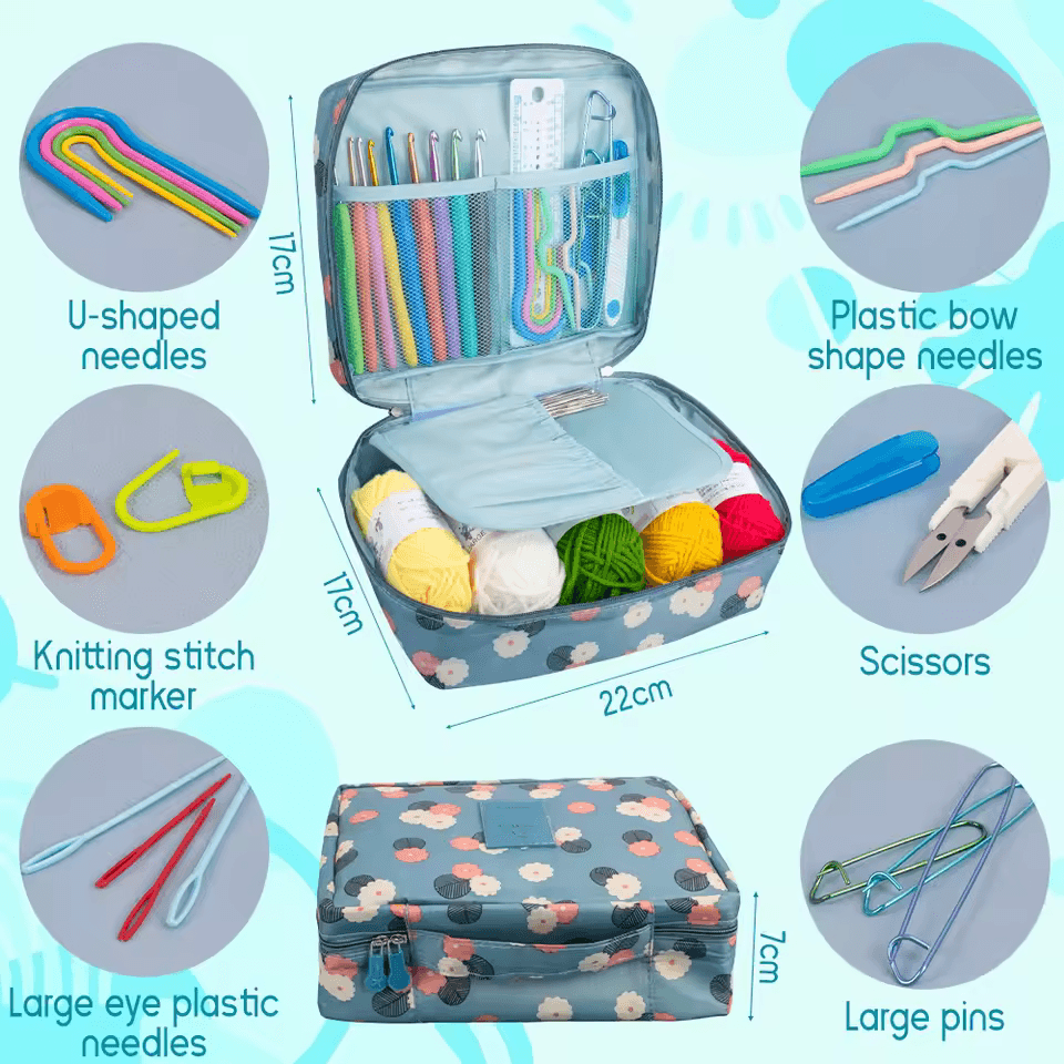 Crochet Starter Kit contents — hooks, yarn, needles, stitch markers, scissors and storage bag labeled